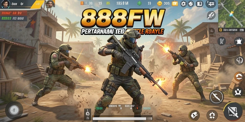Tangkapan layar utama menunjukkan aksi intens dalam pertempuran Battle Royale.