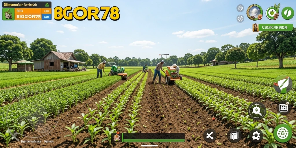 Screenshot gameplay BIGCOR78 yang menampilkan ladang yang subur dan aktivitas bertani.