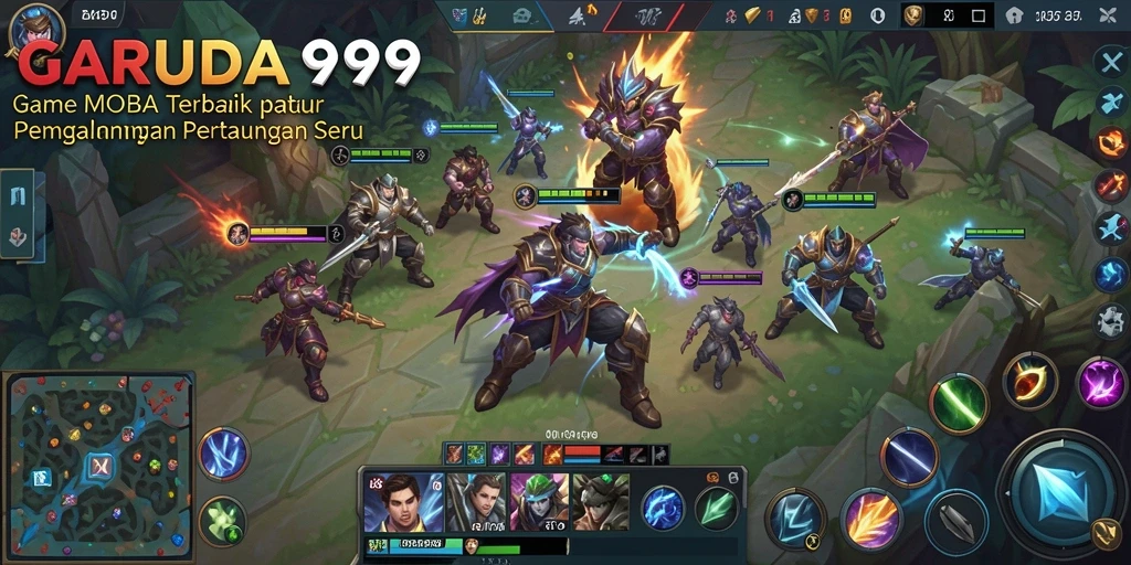 Screenshot gameplay GARUDA999 menampilkan pertarungan seru di arena MOBA.