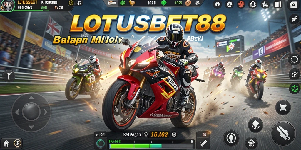 Screenshot menunjukkan aksi balap motor yang mendebarkan di <strong>LOTUSBET88</strong>.