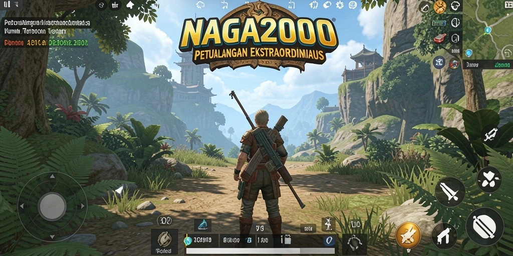 Screenshot gameplay NAGA2000 menunjukkan eksplorasi dunia terbuka yang memukau.