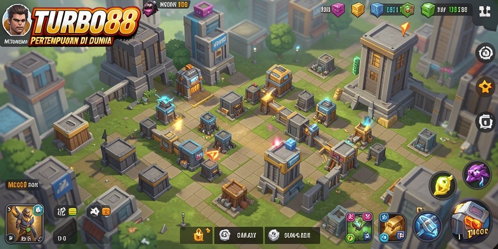 Tampilan gameplay TURBO88 dengan berbagai menara dan strategi pertahanan.